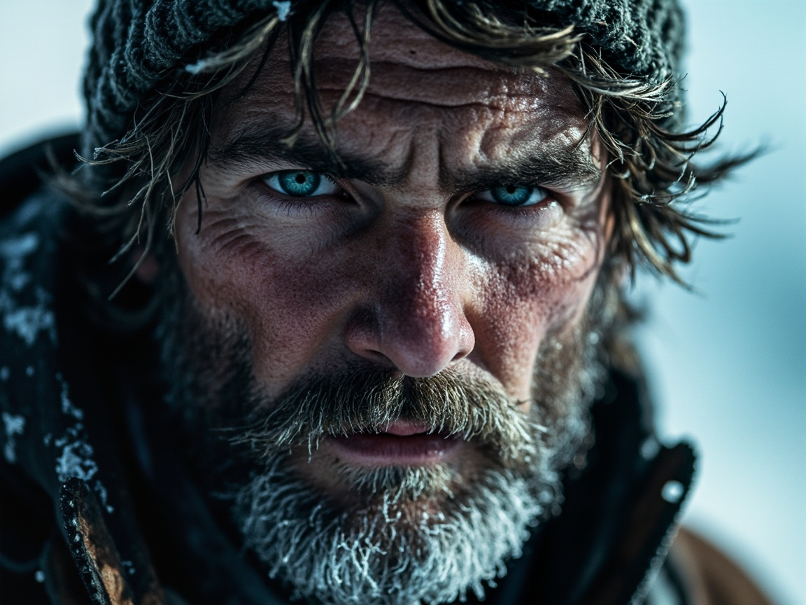 A rugged mountain climber with a weathered face and piercing blue eyes, covered in dirt and snow, staring determinedly at the camera | tangledhair under a beanie | intense close-up showing frost on their beard and chapped lips | dramatic lighting