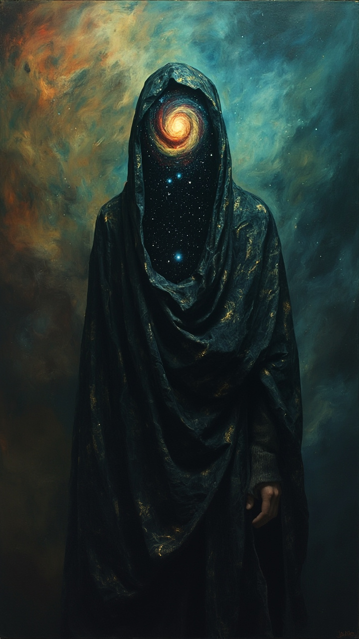 A robed figure with a galaxy-filled void for a face, wearing textured dark fabric, set against an abstract, painted background.