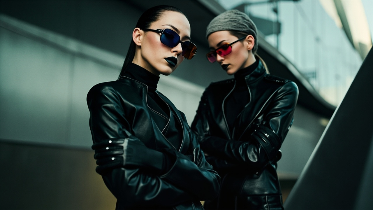 A pair of woman with black lipstick and futuristic eyewear wearing a matte leather techwear outfit is depicted in the style of street fashion photography