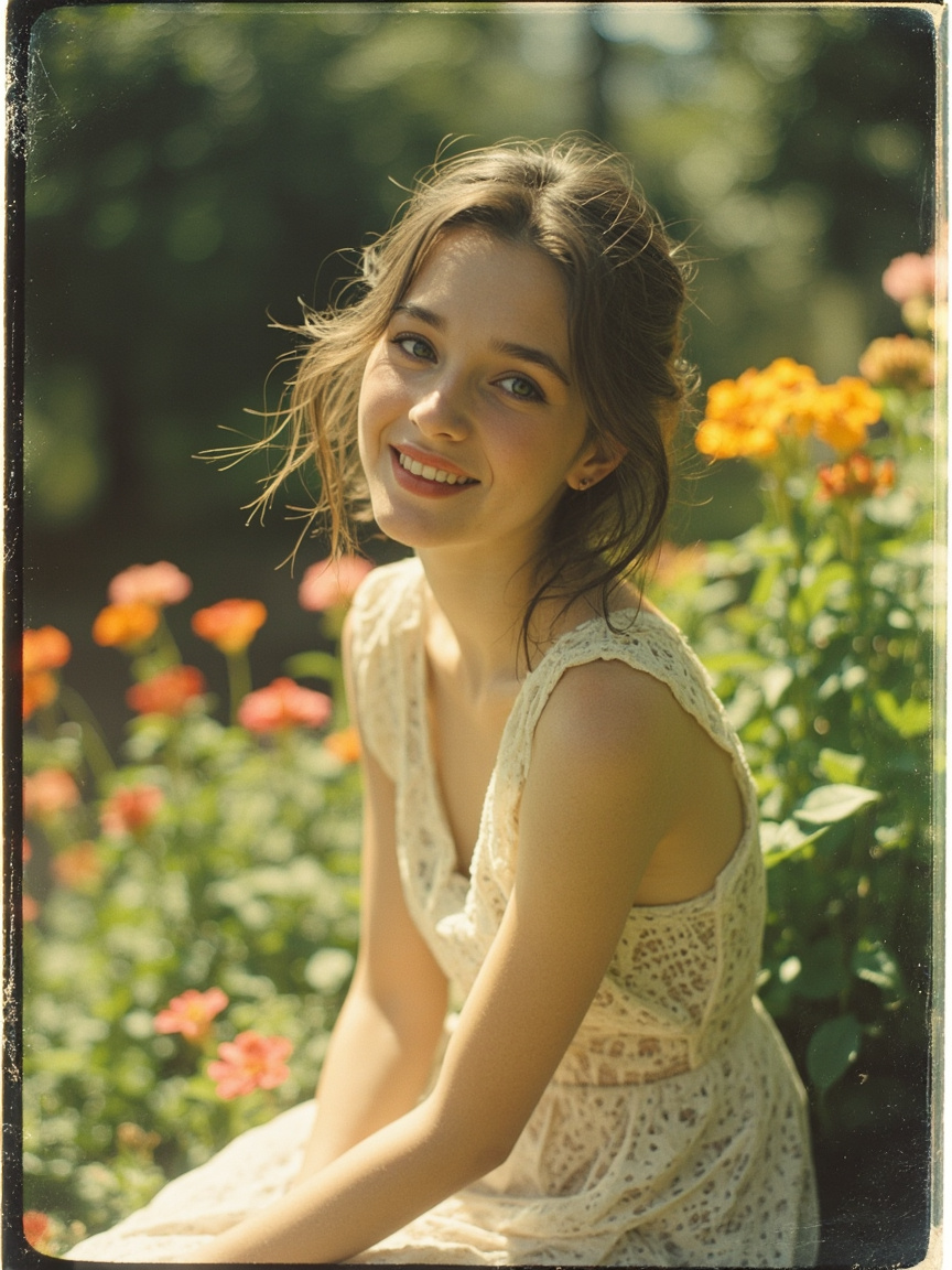 A faded Polaroid photograph of a woman sitting in a sunny arboretum wearing a lace summer dress. She looks directly at the camera with a carefree, youthful gaze with a sly smile, her hair gently tousled by an unseen breeze. The arboretum plants and flower details are prominently featured, contributing to the lively aesthetic. Light flares across the image, adding a nostalgic feel with noticeable grain.
