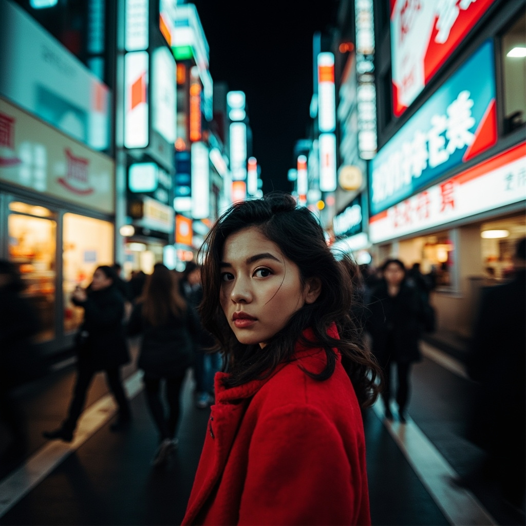 A bustling Tokyo street, a single person with a red coat looking at the camera, her hair is whispering in the air, the overall mood is serene, fast blur pace